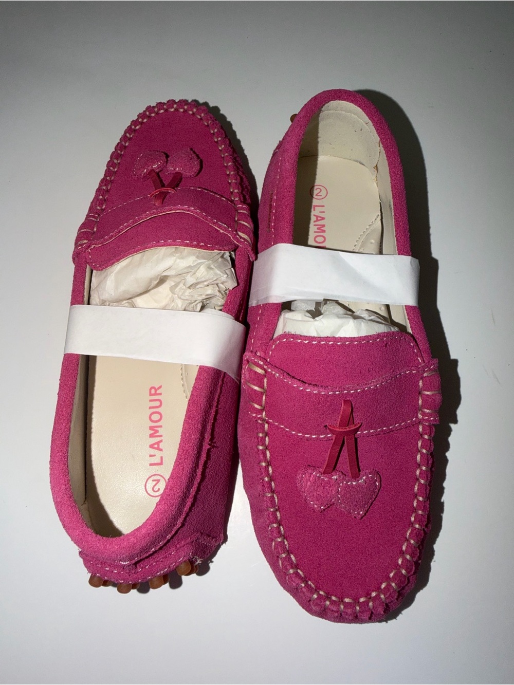 L'Amour Kids Hot Pink Suede Moccasin Loafers with Heart Charm